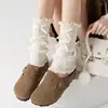 Botas y Calcetines de Algodón para Mujer, Calcetines de Encaje Lolita de Felpa para Niñas, Cubre Piernas Dulces Engrosados de Otoño e Invierno con Lazo para Niña