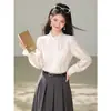 Camisa branca estilo francês com mangas bufantes para mulheres 2026, gola alta de renda para outono, design único, pregas sanfonadas, top elegante