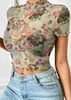 Verão Transfronteiriço Novo Estilo Manga Curta Floral Sexy Hot Girl Blusa de Chiffon Top Estampado Camiseta Feminina Europeia e Americana Vestuário Feminino de Comércio Exterior