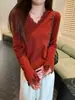 2025 Cachemir Versátil Design Renda Costura Cor Pura Gola V Suéter Tricotado Slim Camisa Base Top Roupa Feminina
