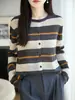Cárdigan de punto fino estilo retro universitario con bloques de color y rayas, para mujer, cuello redondo, manga larga, prenda exterior rejuvenecedora, suéter de punto versátil para primavera y otoño