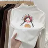 Camisa Base de Veludo com Babados para Meninas Outono e Inverno 2025 Novo Estilo para Crianças Maiores, Camiseta de Manga Longa com Gola Meia-Alta de Renda para Inverno