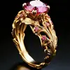 Anillo Huajie Transfronterizo Ins Estilo Palacio Gota Roja Zirconia Chapado en Oro Incrustado Diamante Verde Anillo de Pareja Joyería Europea y Americana