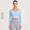 Top Fitness Antibacteriano Weiman 7a com Decote em U para Mulheres, Design Vazado em Tricô Torcido, Costas Bonitas, Bojos Fixos, Manga Longa de Yoga