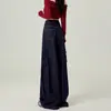 Jeans Vintage Azul Escuro de Perna Larga Grande Feminino Moda Primavera e Verão Novo Estilo Cintura Alta Afundada Calças Afundadas Soltas