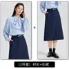 Traje de Moda de Alta Gama con Estilo Juvenil y Elegante 2026 con Top de Manga Larga y Camisa de Gasa con Lazo Blanco para Mujer