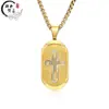 Collar de acero titanio con placa militar de cruz incrustada de diamantes, colgante para hombre con placa ovalada, accesorio de acero inoxidable estilo europeo y americano
