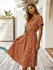 Amazon Transfronterizo Europeo y Americano 2025 Verano Nuevo Vestido Largo con Cuello en V, Estilo Fresco y Elegante, Vestido de Lunares con Botones y Corbata