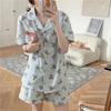 Ins estilo coreano rosa azul cuadros oso caricatura pijama dulce para mujer manga corta shorts solapa cárdigan seda de leche ropa para el hogar