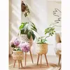 Estante de Flores de Madera Maciza Nórdica y Mimbre, Mesa Lateral para Sofá de Sala de Estar, Estante de Almacenamiento de Bambú de Pie, Soporte para Macetas de Flores de Esquina de Balcón
