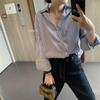 Camisa Feminina Senso de Design Nicho Primavera e Outono Retro Estilo Hong Kong Camisa Listrada Solta Manga Longa Roupa Exterior Top Versátil