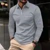 Estação Independente Europeia e Americana Fonte Termal e Outono Masculino Novo Manga Longa POLO Cor Sólida Impressão 3D Versátil Casual Camisa com Zíper