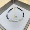 Prata S925 Pérola Natural de Água Doce Espinélio Preto Tendência Cool Girl Design de Nicho Pulseira de Cristal Colar de Temperamento