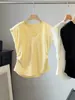 Camiseta Feminina Gola V com Manga Flare Estilo Coreano, Novo Modelo de Verão, Corte Justo, Cintura Marcada, Elegante e Deslumbrante, Efeito Emagrecedor, Cor Lisa, Top Curto