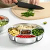 Pratos e tigelas de aço inoxidável 304, pratos redondos com cinco compartimentos para preparação de alimentos, louças domésticas para pratos frios, uso na cozinha