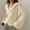Cardigan de Tricô com Capuz e Zíper Duplo, Manga Longa, Casual, Solto, Torcido, Outono/Inverno Coreano, Jaqueta Suéter para Mulheres
