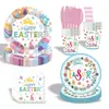 Platos de Papel Temáticos de Huevos de Pascua Vasos Desechables de Papel Servilletas de Papel Mantel Platos para Cena de Fiesta Festiva Vajilla de Conejo Decoración