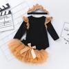 Nova Saia Infantil para Bebê Menina Primavera e Outono 0-2 Anos Roupa de Bebê Manga Longa Calça Hassele Inferior Saia de Gaze Conjunto de Três Peças Roupas de Boneca