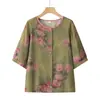 Traje de verano de algodón y seda para mujeres de mediana edad y mayores, camisa holgada de cuello redondo de talla grande para personas mayores, top de verano elegante para madres