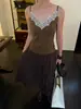 Novedad para Otoño 8/10 Principios de Otoño Estilo Francés Sexy Encaje Profundo Cuello en V Elástico Camisola para Mujer F1229