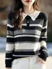 Suéter de punto para mujer de primavera y otoño con cuello de encaje a rayas y diseño de cuello exquisito, suave y amigable con la piel, adecuado para el trabajo y el uso diario, elegante top de punto