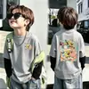 Ropa interior térmica casual de forro polar alemán con retazos moderna y genial para niños, Otoño Invierno, Niños Medianos y Grandes, Ropa interior cálida, Top de cuello redondo de dos piezas falsas, Moderno