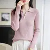 Suéter de punto con cuello polo estilo francés para mujer, de manga larga, rosa, corte ajustado, camisa base versátil, top de estilo sencillo