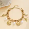 Europa y Estados Unidos transfronterizos nuevo estilo marino de concha de caballito de mar, estrella de mar, perla, pulsera de acero inoxidable para mujer, joyería para damas, venta al por mayor