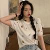 Estilo Transfronteiriço Novo Estilo Verão Fino Estilo Hyun Flor Bordada Top de Manga Curta Suéter Tricotado Feminino Gola Redonda Camiseta Básica Curta