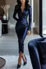 Saia Europeia e Americana de Cruzamento de Fronteira Estilo Deusa de Comprimento Médio Justa ao Corpo, Vestido de Alta Costura V-Neck com Cinto Satinado Famoso para Mulheres