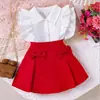 Conjunto de dos piezas para niñas de 3 a 7 años, top de camisa de verano con cuello y mangas acampanadas + falda