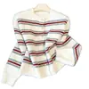 Cárdigan de Punto Rayas Bloque de Color Retro Cuello Redondo Manga Larga para Mujer, Cárdigan de Botones de Cuerno Otoño e Invierno, Abrigo Suéter Suave Casual