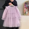 Nuevo vestido de otoño estilo coreano para niñas, vestido elegante y hermoso con malla y lazo para niñas pequeñas