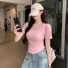 Foto Real # Camiseta de Algodón Puro de Cuello U y Manga Corta para Mujer 2025 Verano Nuevo Estilo Asimétrica Hombro Derecho Diseño Corto con Ombligo Descubierto