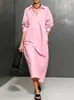 2026 Nuevo Vestido Camisa Holgado de Manga Larga Estilo Europeo y Americano para Mujer, Vestido Largo Casual Estilo Perezoso con Bolsillos