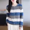 Cardigã de mohair listrado cinza para mulheres, gola redonda, retrô, cores contrastantes, casaco de tricô, estilo suave, peça externa clássica