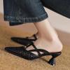2026 Nova Moda Bico Fino Tecido Vazado Salto Alto Ultra Estiloso Confortável Bico Fechado Mules para Mulheres Verão Uso Externo Meia-Chinelo
