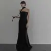 Vestido de Noche Sin Tirantes Sirena Negro Estilo Coreano Simple de Gama Alta Elegante Banquete Cumpleaños Adelgazante Estilo Mori Ligero Vestido de Novia para Mujer