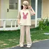Traje de Verano para Niñas Cuello Redondo Color Caramelo Manga Corta Pantalones de Pierna Ancha Delgado Mediano y Grande Traje Deportivo y Casual de Dos Piezas para Niños
