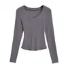 Nueva Camiseta de Manga Larga con Cuello en V Kardashian Primavera y Otoño 2025 para Mujer Skims Ajustada Top Corto Básico