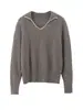 Sofisticación Old MoneySuéter de Punto Pesado Cepillado Suave y Cómodo de Color Contrastante con Cuello Plegable para Mujer, Otoño/Invierno