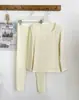 Conjunto básico de punto acanalado térmico para mujer con cuello en U, suave y agradable para la piel, corte ajustado, camiseta de manga larga y leggings elásticos para otoño