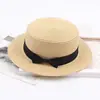 Chapéu de Verão Estilo Coreano para Pais e Filhos para Mulheres com Laço Aba Reta Proteção Solar Chapéu de Palha Topo Reto Dobrável Chapéu de Sol para Exterior