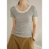 Camiseta de Algodão Fina com Clavícula Exposta, Gola Redonda Grande, Mangas Curtas, Top Listrado para Mulheres, Estilo Primavera/Verão, Armazém Japonês, Disponível para Atacado