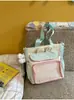 Mochila Nueva para Niña Patchwork de Lunares Azul Claro y Crema con Orejas de Conejo y Lazo, Mochila Estudiantil Estilo Chica Suave