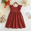 Vestido de Verão 2024 Novo Sem Mangas com Borda de Orelha Cor Sólida Vestido Princesa Plissado Elegante com Babados para Menina