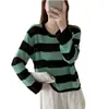 Moda Outono 2025 Versátil Slim Manga Longa Gola Redonda Estilo Coreano Malha Listrada Color Blocking Roupa de Baixo para Mulheres