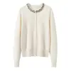 Gris Clásico Moderno Versátil Cuello de Pico Cuello Redondo con Perlas Cardigan de Punto de Cachemira Temporada Otoño Invierno