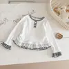 Camiseta de Manga Longa para Meninas Primavera e Outono Patchwork de Xadrez com Renda Gola Redonda Top Fofo Doce Camada Base de Princesa Infantil