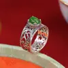 Yuebao Joyería Jade Hetian Natural Plata de Ley S925 Patrón de Hierba Tang Superficie de Huevo Jaspes Hueco Versión Ancha Anillo Avanzado Venta al por Mayor